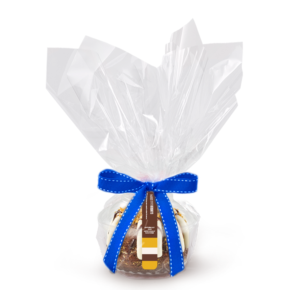 One individually packaged S'mores Made With HERSHEY'S Bundtlet gift wrapped in cellophane with a blue stitched ribbon.