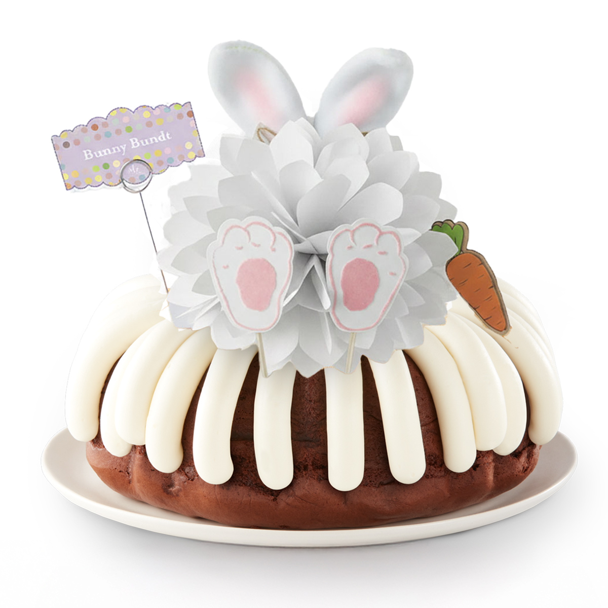 Bundt Cake with Bunny ears decoration, signature frosting decorated with decorative customizable paper bow and quote card -- Shop Now.