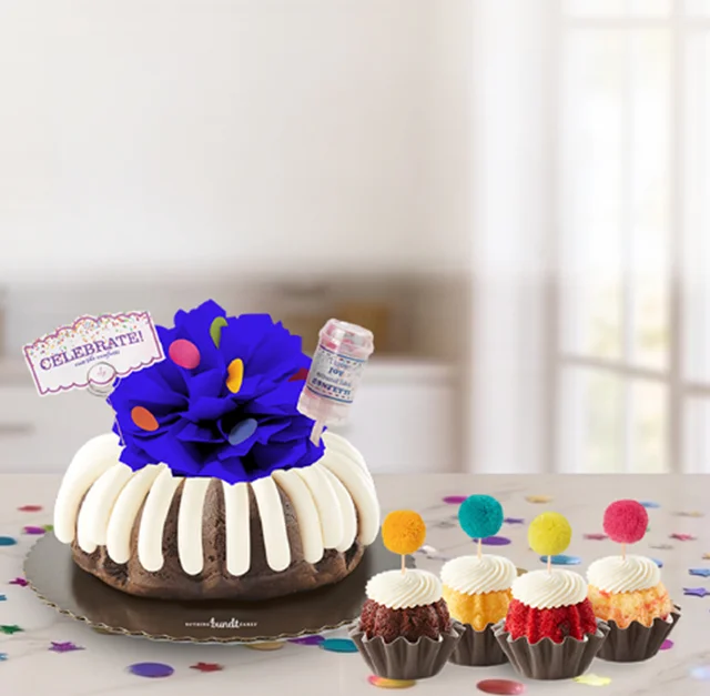 Celebrate Bundt Cake with a navy bow and Confetti Pom Poms Bundtinis®.