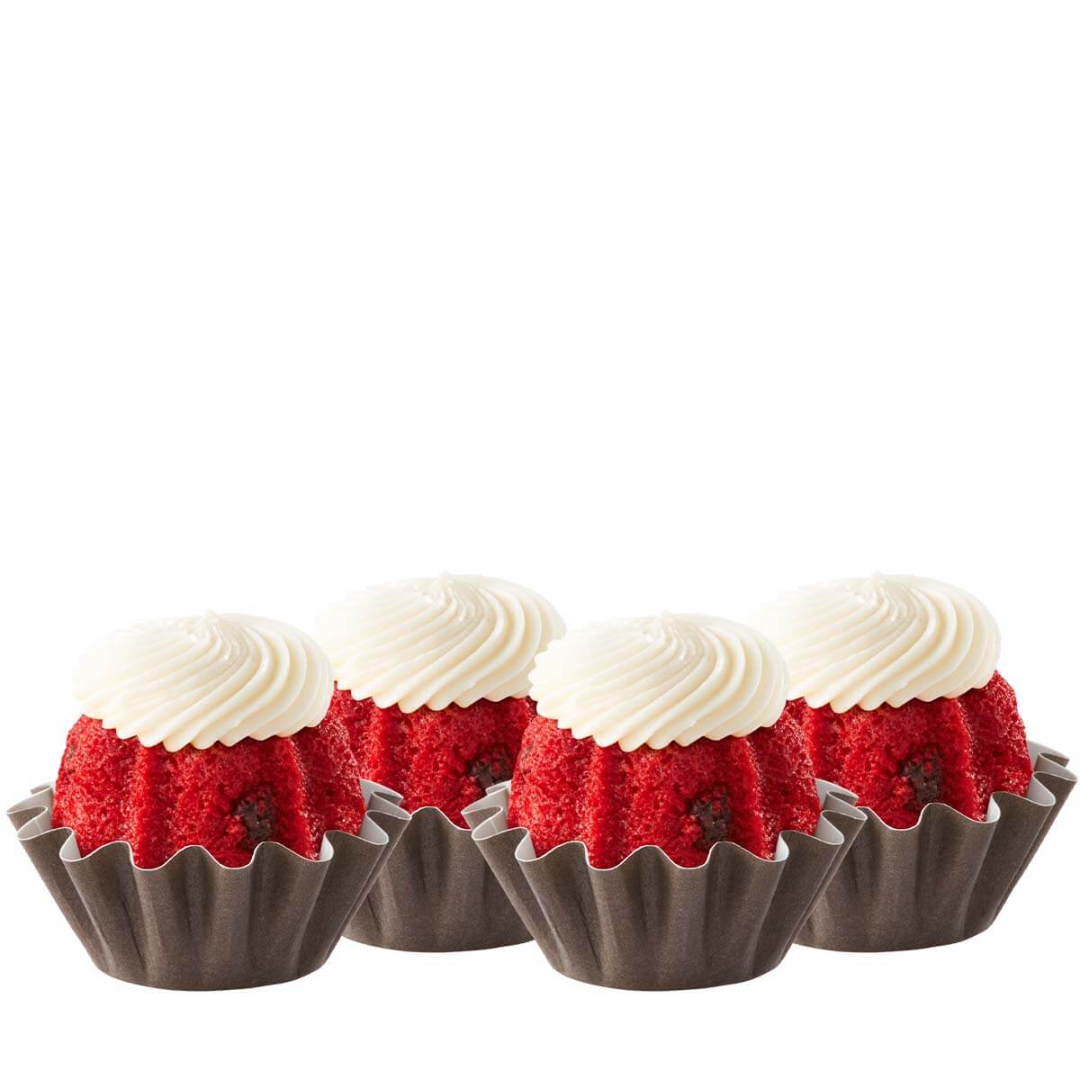 Four Red Velvet Bundtinis sitting in a row.