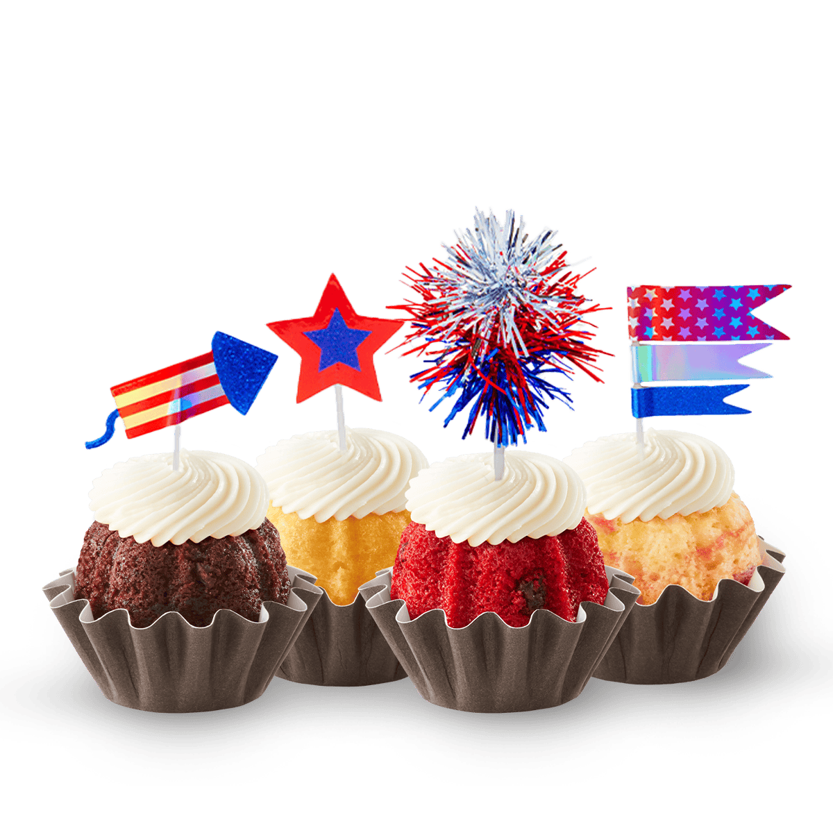 Assorted bundtinis topped with cream cheese frosting and Fireworks & Freedom patriotic toppers, including stars, banners, and red white and blue decorations.