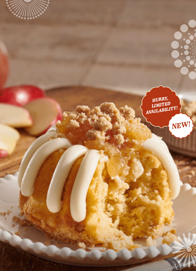 Apple Pie Cake, handcrafted with sweet cinnamon apples and topped with brown sugar streusel.