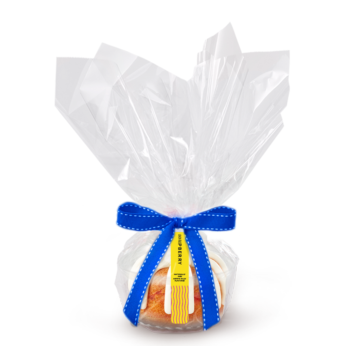 One individually packaged Lemon Raspberry Bundtlet gift wrapped in cellophane with a blue stitched ribbon.