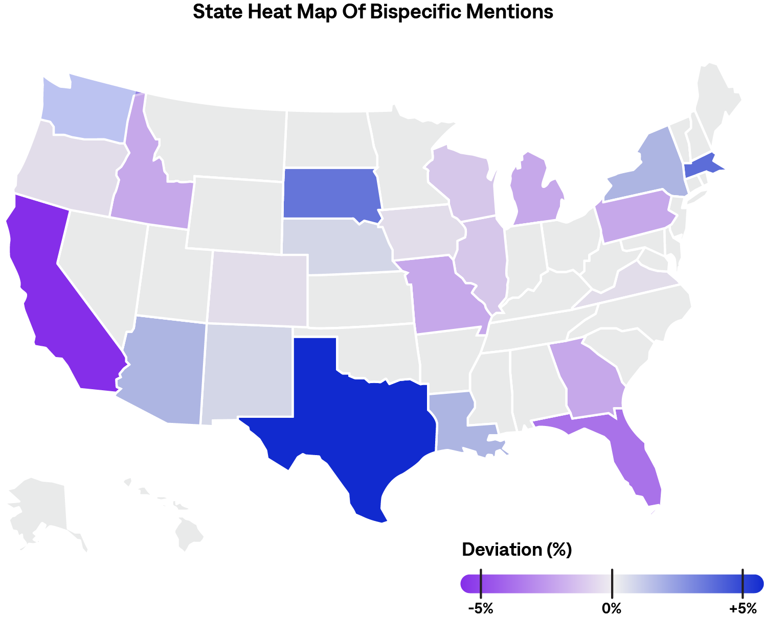 A map of the united states with purple and blue states indicating the covearge of bispecific mentions of antibodies in oncology