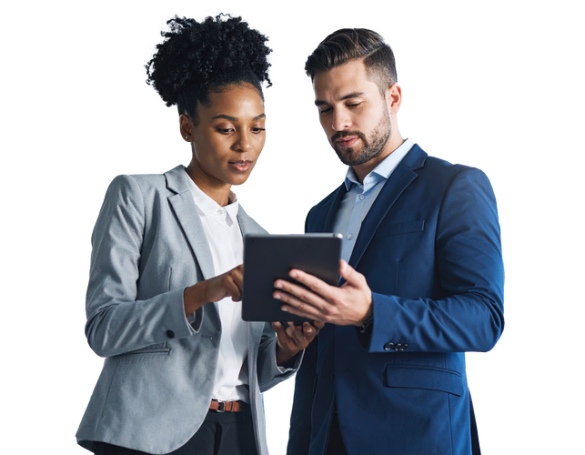 A man and a woman are looking at a tablet together