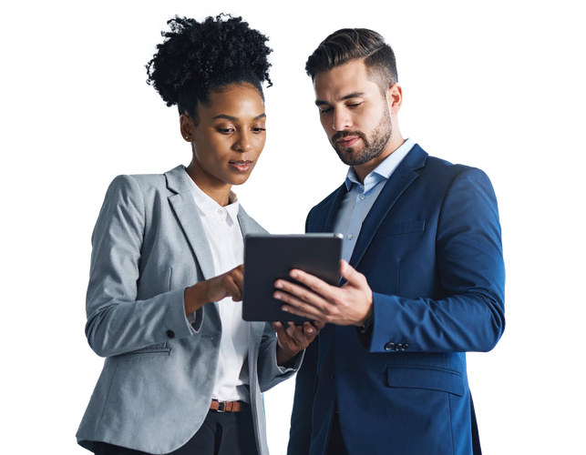 A man and a woman are looking at a tablet together