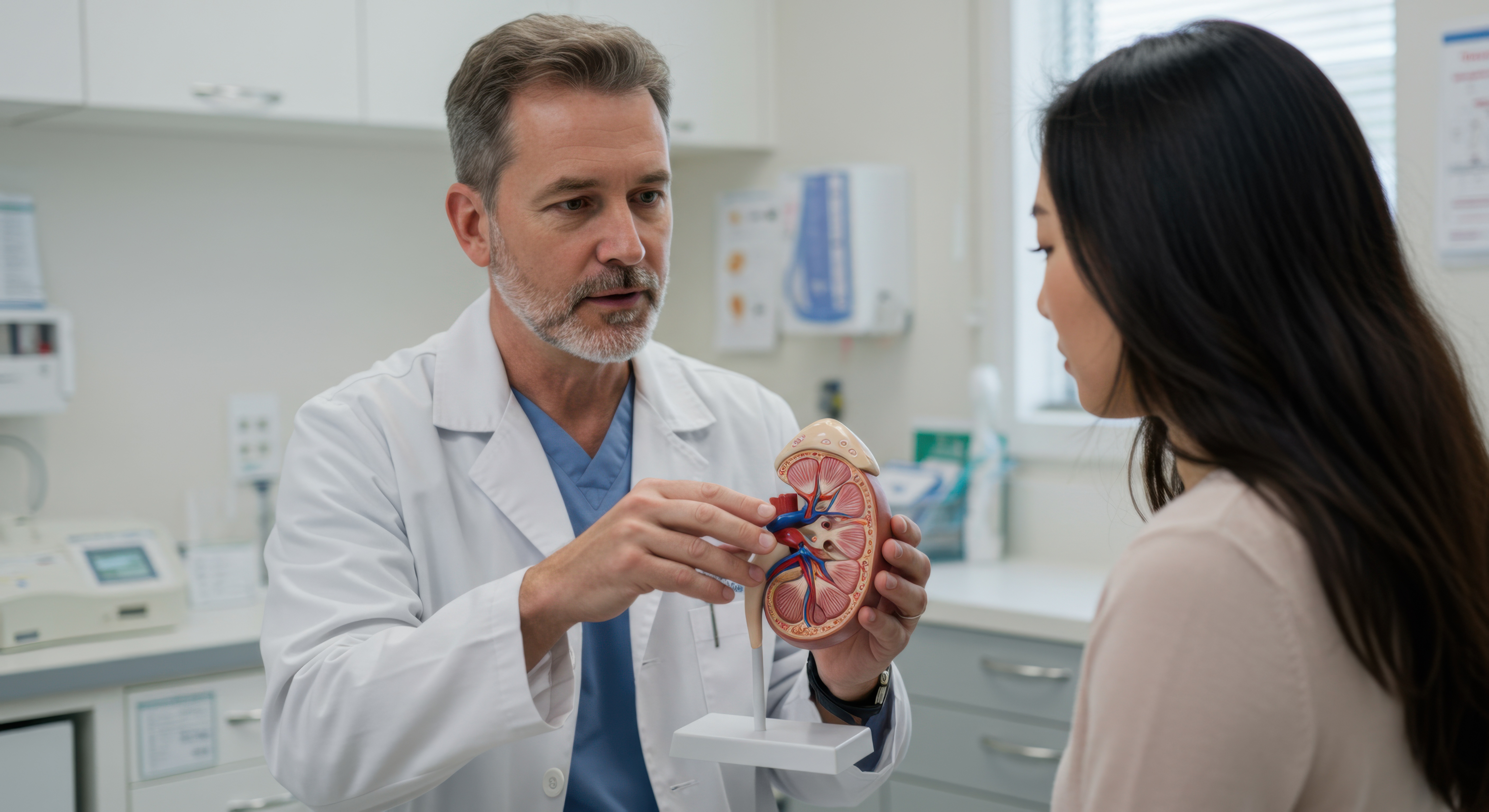 Doctor explains kidney model to patient