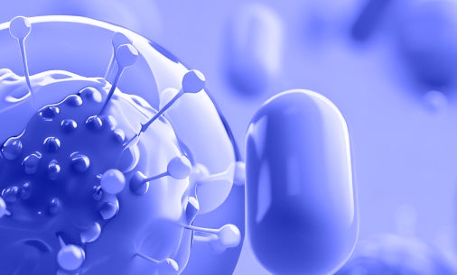 3D illustration of a capsule near a virus-like structure in blue hues.
