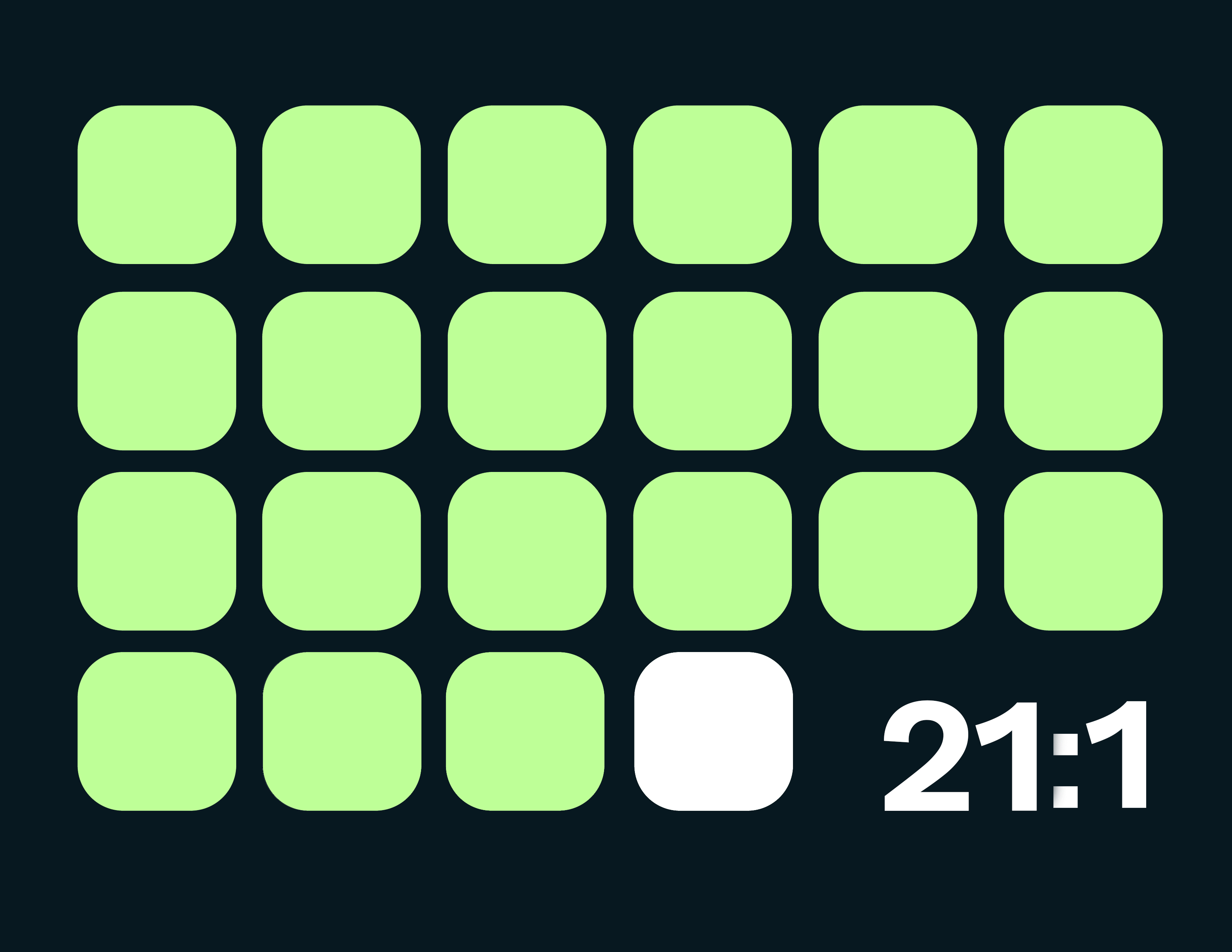 Grid of green squares with one white square and ratio 21:1 displayed