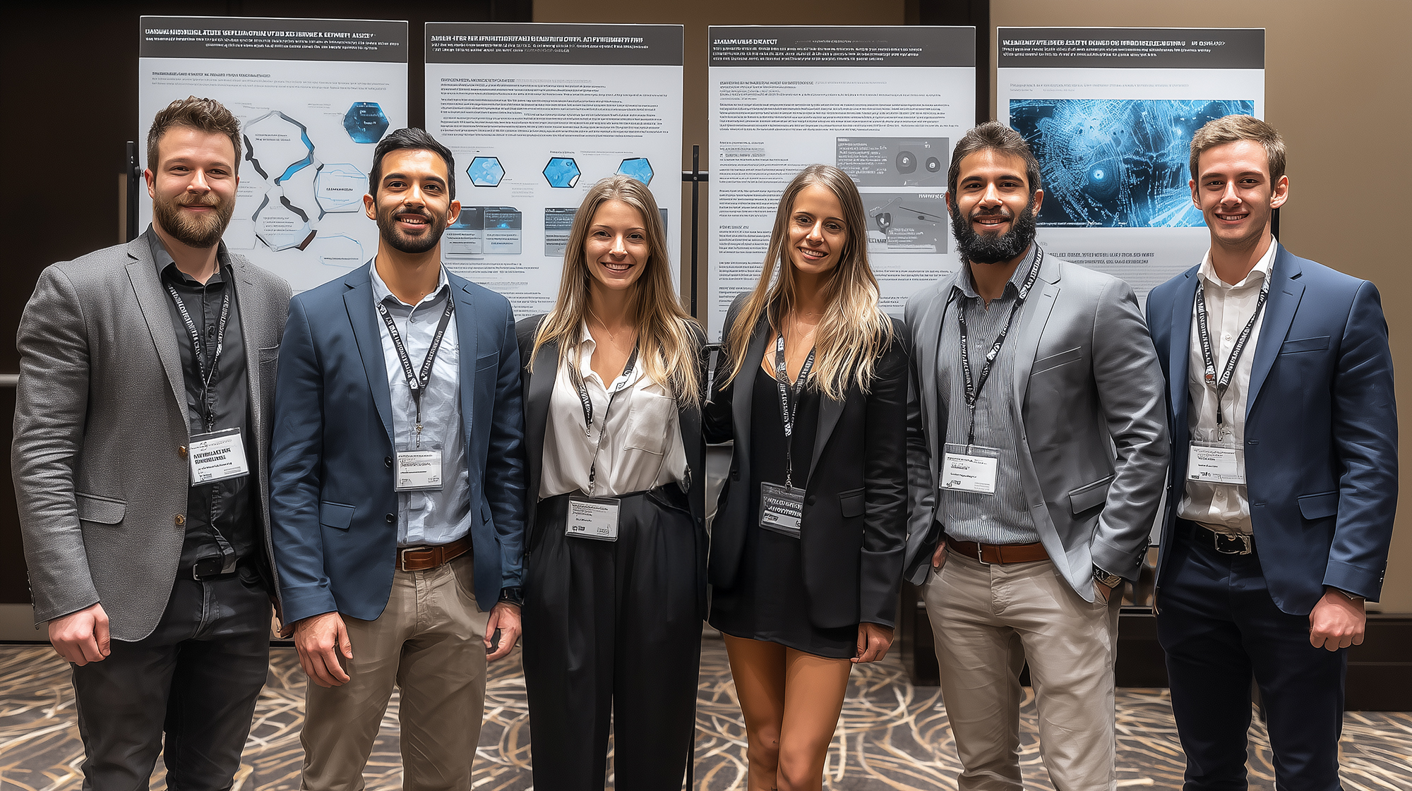 a group of business people presenting in front of a research poster