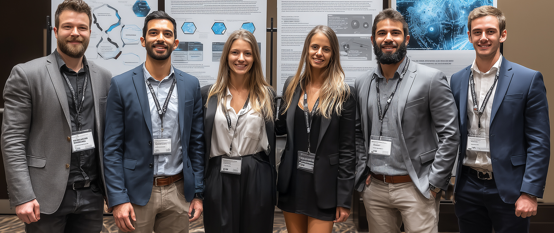 a group of business people presenting in front of a research poster