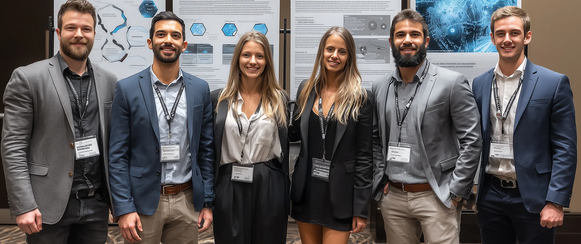 a group of business people presenting in front of a research poster