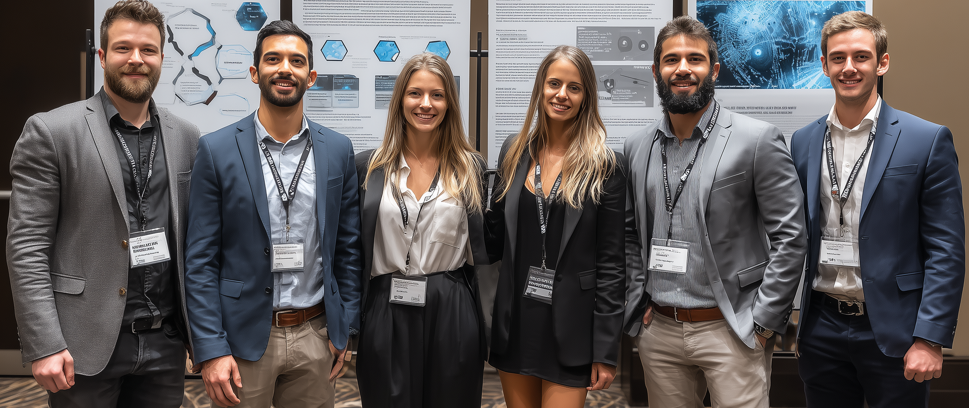 a group of business people presenting in front of a research poster