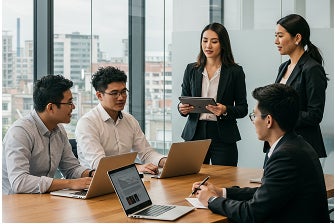 A team meeting together in an office room, looking at their tablets and laptops. 