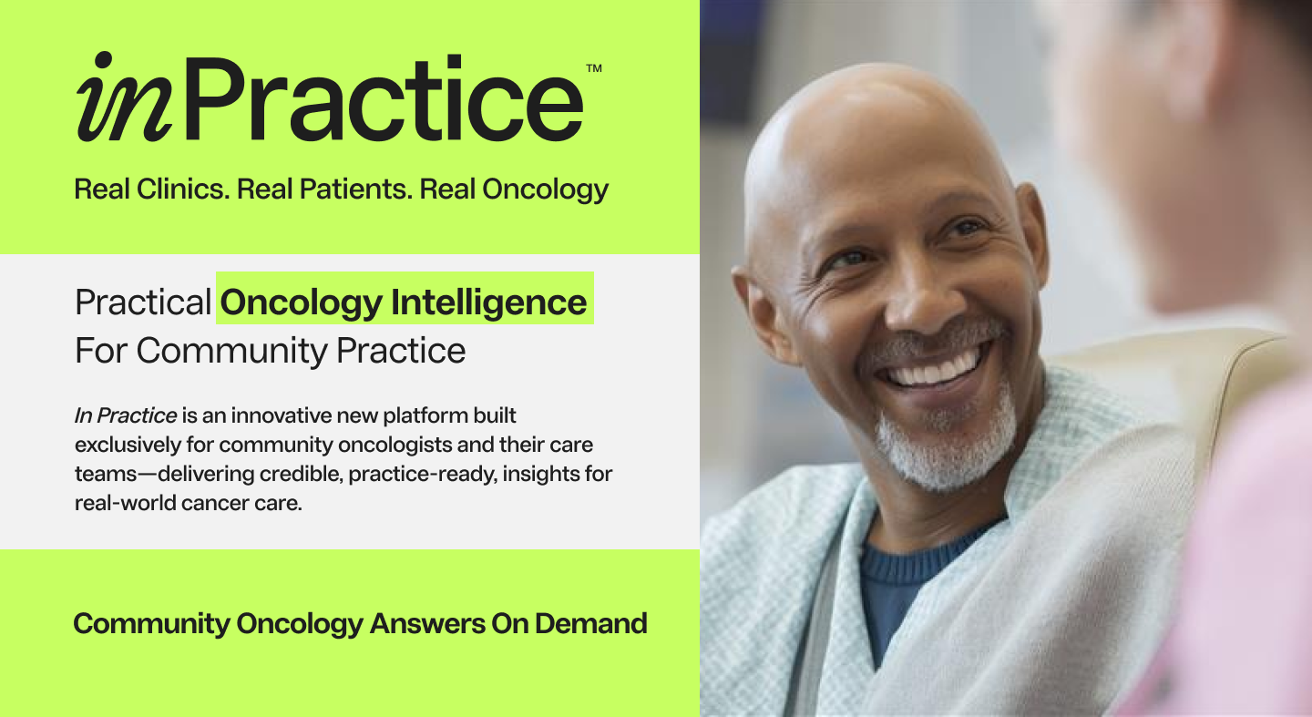 A landing page for in practice an oncology intelligence platform, featuring subscription details and resources for community practice