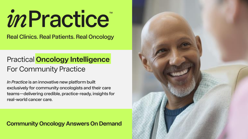 A landing page for in practice an oncology intelligence platform, featuring subscription details and resources for community practice