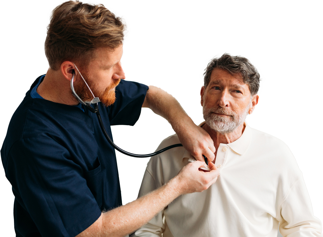Healthcare professional using a stethoscope on an older man.