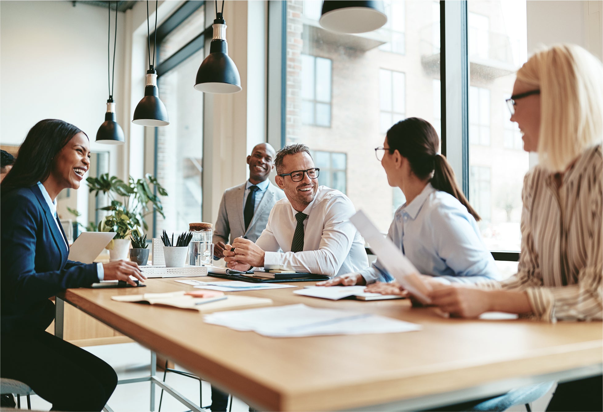 A team having a meeting in an office conference room.