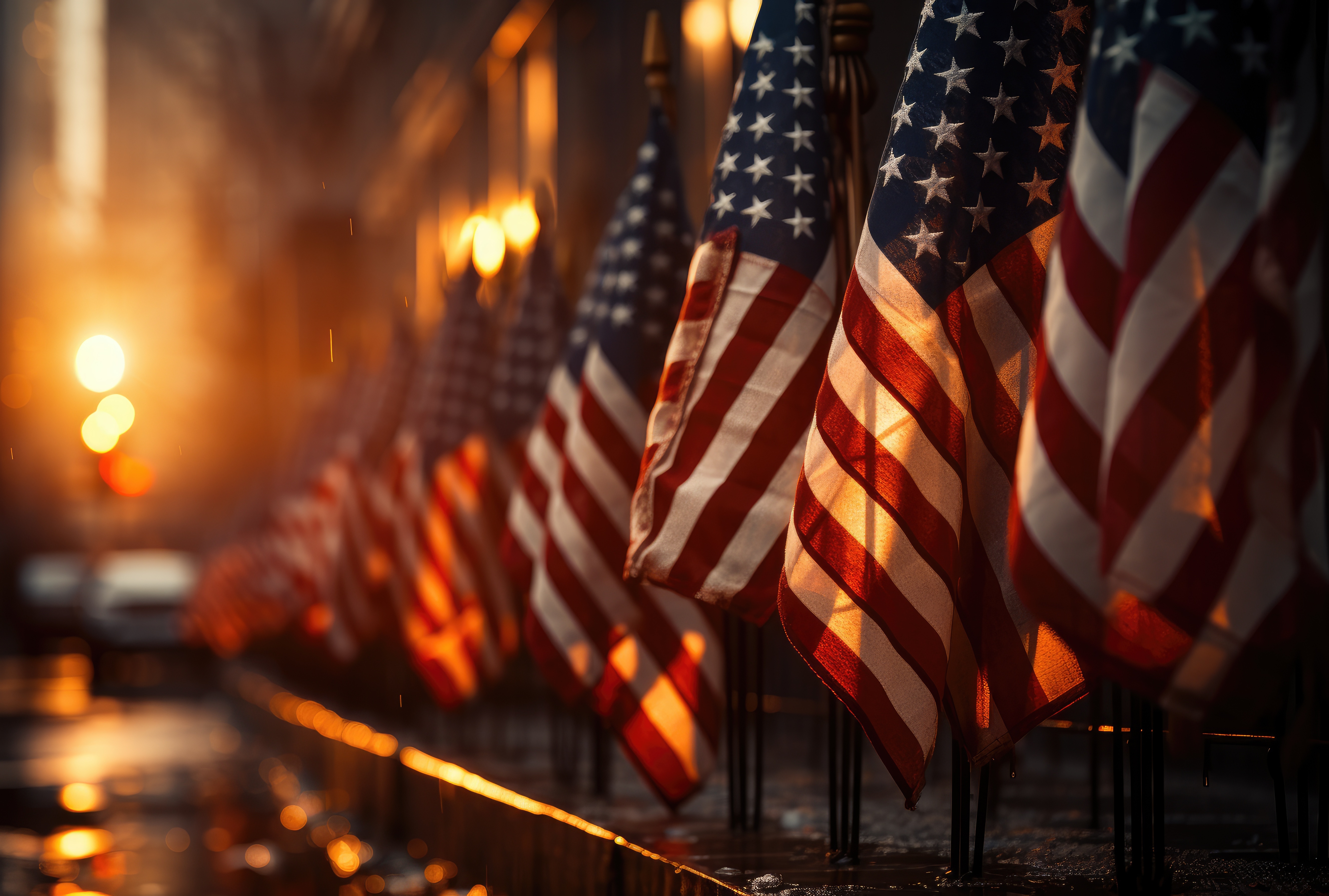American flags in a cemetery.