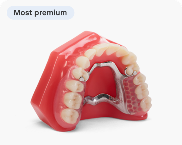 A premium partial denture model with a metal framework, designed for a secure and comfortable fit, displayed on a red gum model.