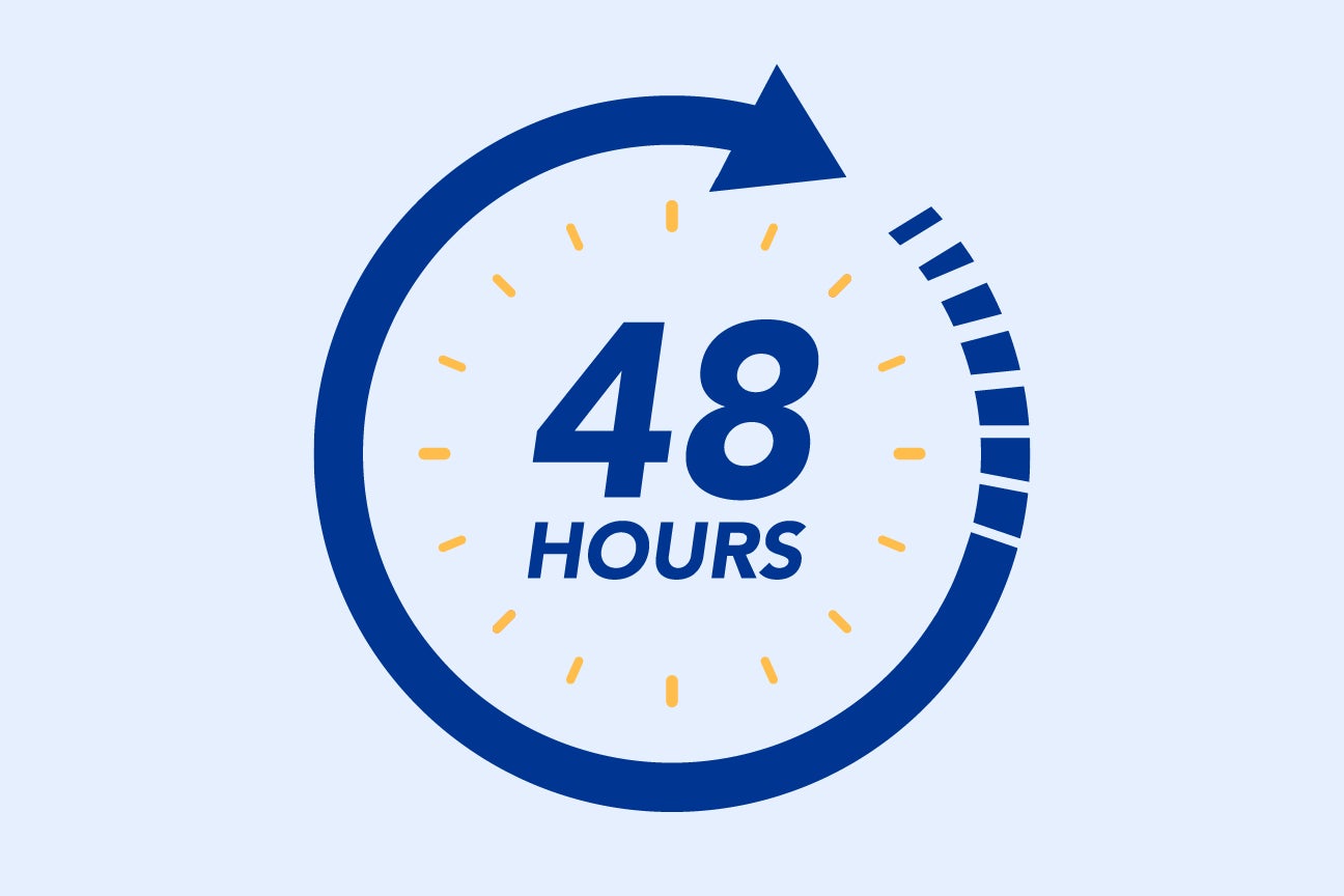 A visualization of time as a circular arrow surrounding the text "48 hours."