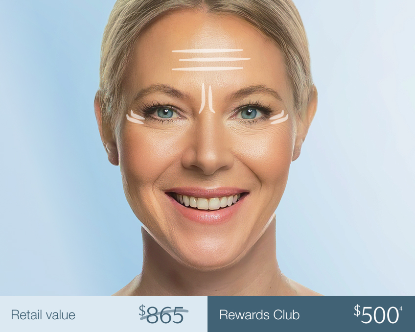 Smiling woman with markings on forehead, glabellar lines, and crow’s feet—highlighting Chapter’s flat-rate pricing tier for Botox and Xeomin upper face treatments.