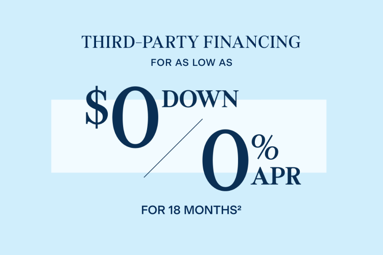 Blue promotional banner highlighting ClearChoice's third-party financing offer of $0 down payment and 0% APR for 18 months.