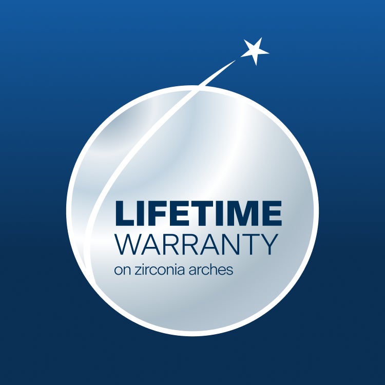 A sleek blue and silver emblem displaying "Lifetime Warranty on Zirconia Arches," highlighting Aspen Dental's commitment to durable, high-quality dental restorations.