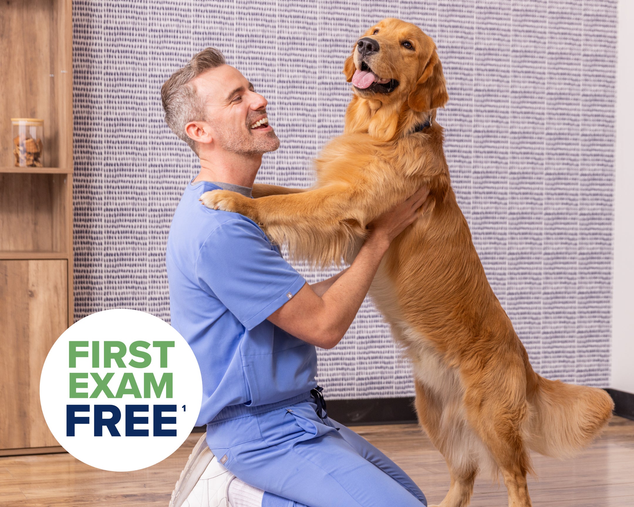 A Lovet vet kneels on the floor with a golden retriever.