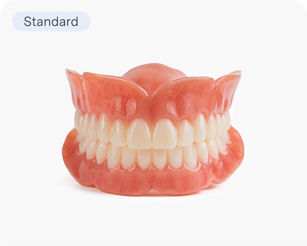 Standard Classic dentures by Aspen Dental, offering dependable fit and function with a 1-year warranty—an affordable and reliable denture option.
