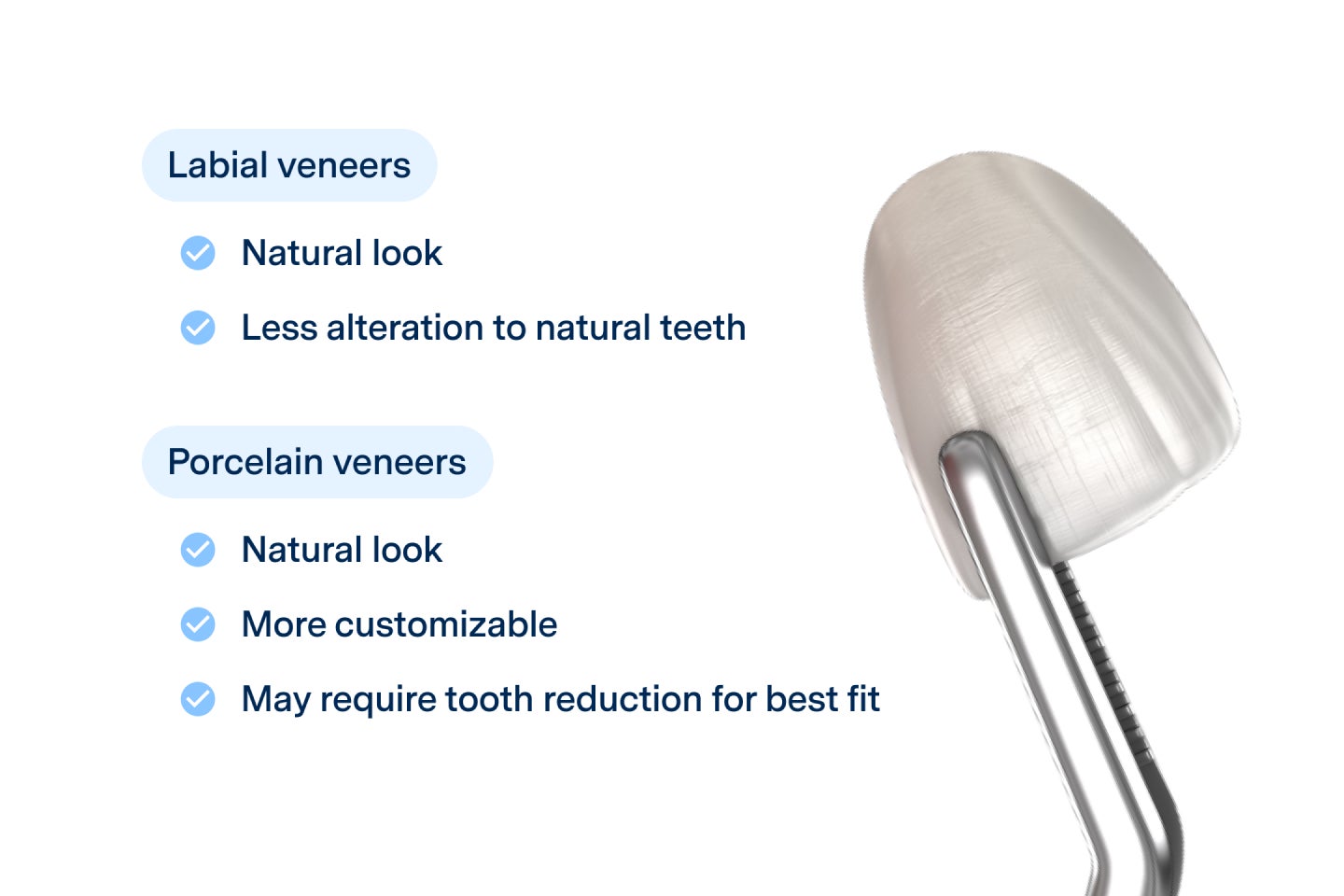 Close-up view of a dental lumineer held by a tool, showcasing its thin and smooth design for precise cosmetic application, representing Aspen Dental's advanced veneers.