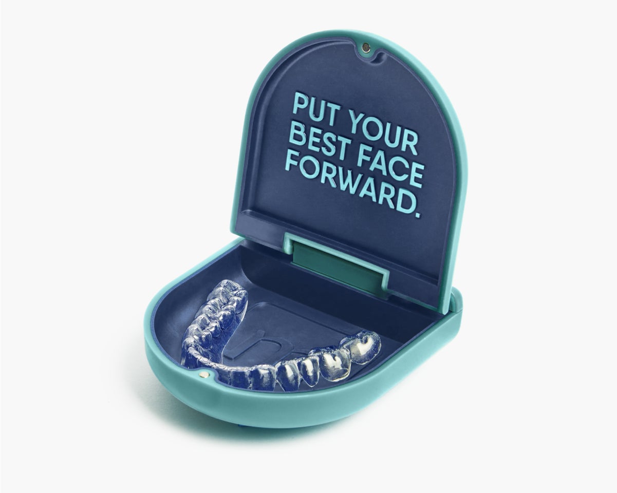 A Motto clear aligners case that says put your best face forward