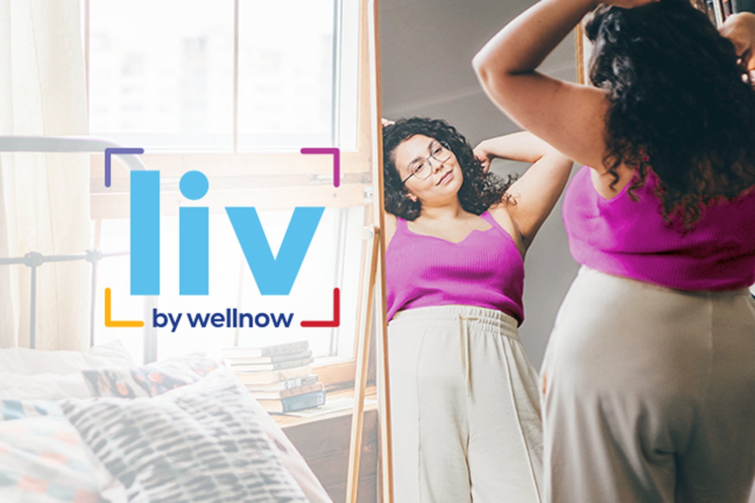 A woman looks at herself in the mirror while getting ready for the day. The LIV by WellNow logo is in the center of the photo.