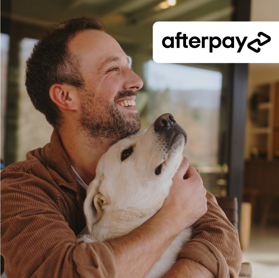 Afterpay graphic with man hugging his dog.