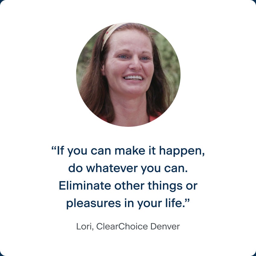 An image of Lori, a patient from ClearChoice's Denver center, showing off her new smile after receiving implants.