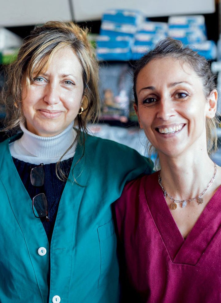 A pair of female veterinarians standing close together and smiling.