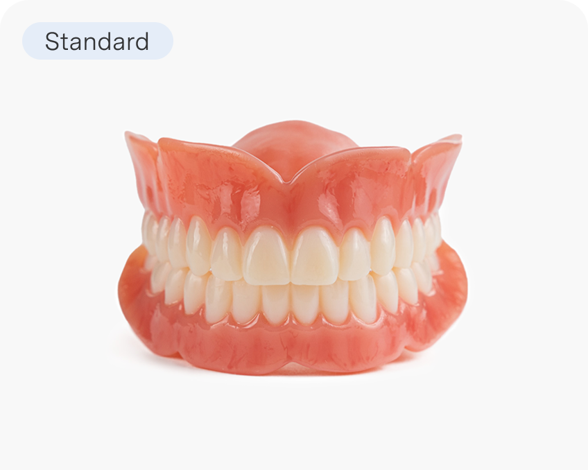 Aspen Dental Classic full arch dentures provide a standard yet reliable option for complete tooth replacement. The image emphasizes affordability and functionality.