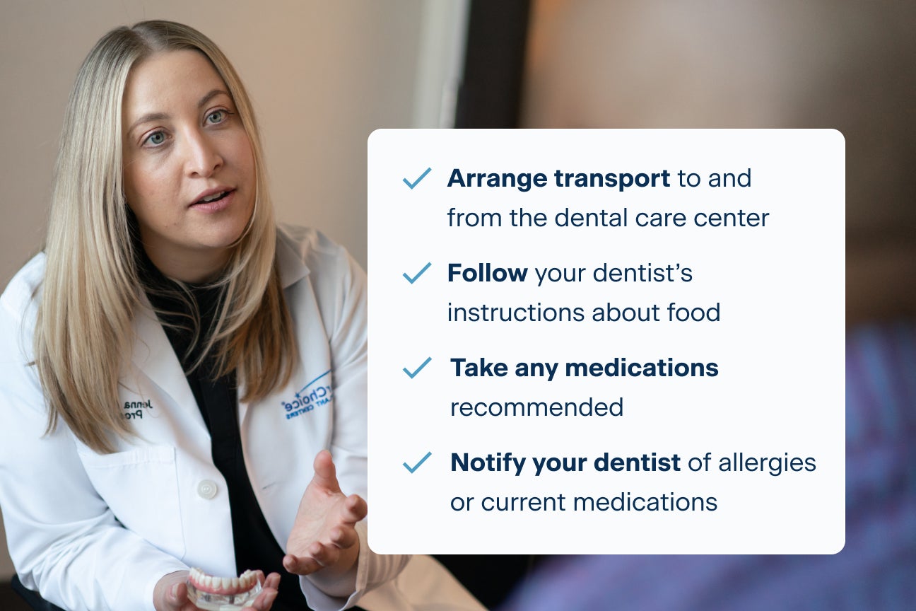 ClearChoice dental professional explaining pre-surgery preparation tips, including arranging transport, following food instructions, taking recommended medications, and notifying the dentist of allergies or medications.