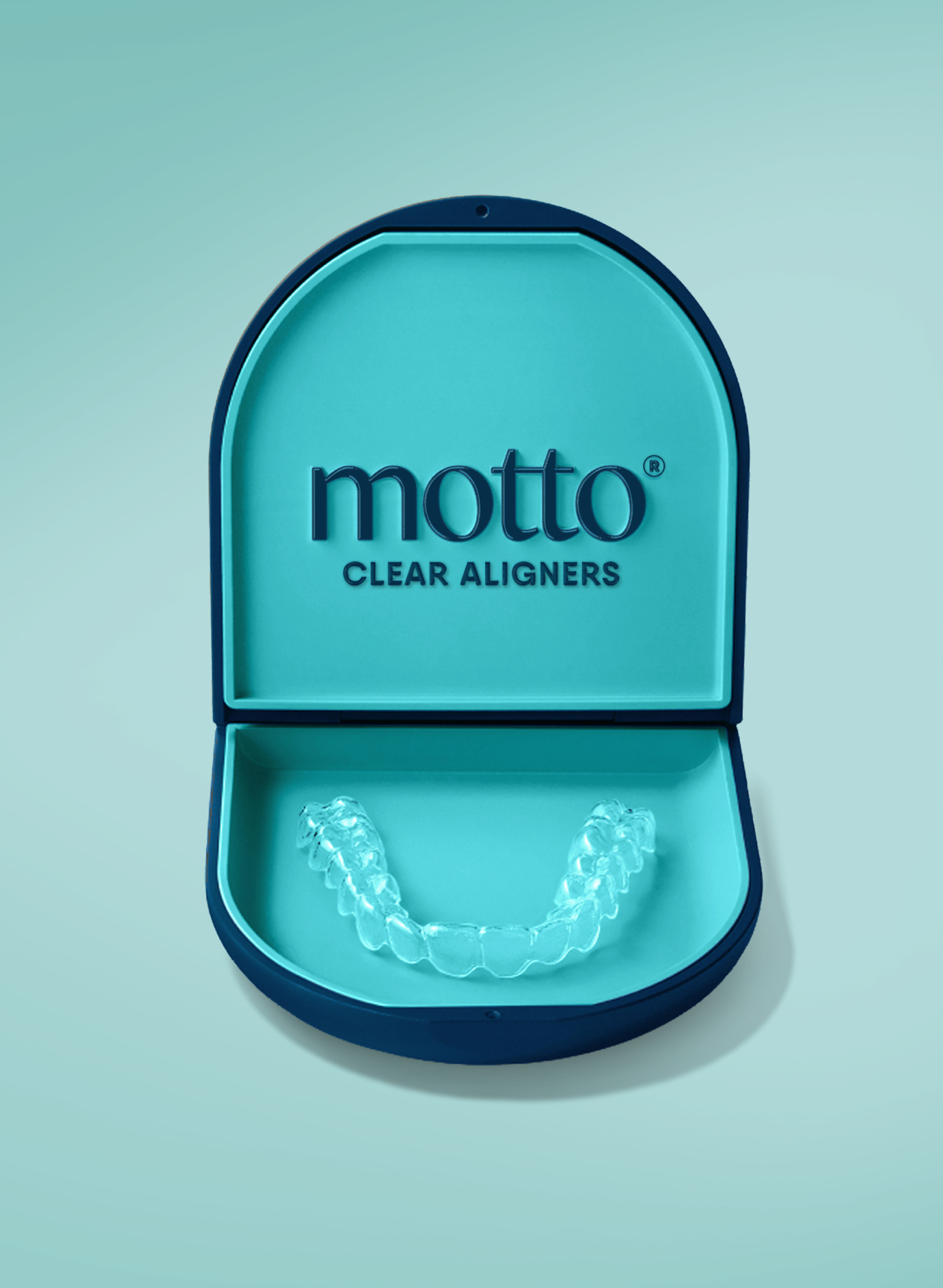 Clear aligner placed inside a Motto Clear Aligners case, highlighting the sleek, portable design of Motto’s teeth-straightening solution.