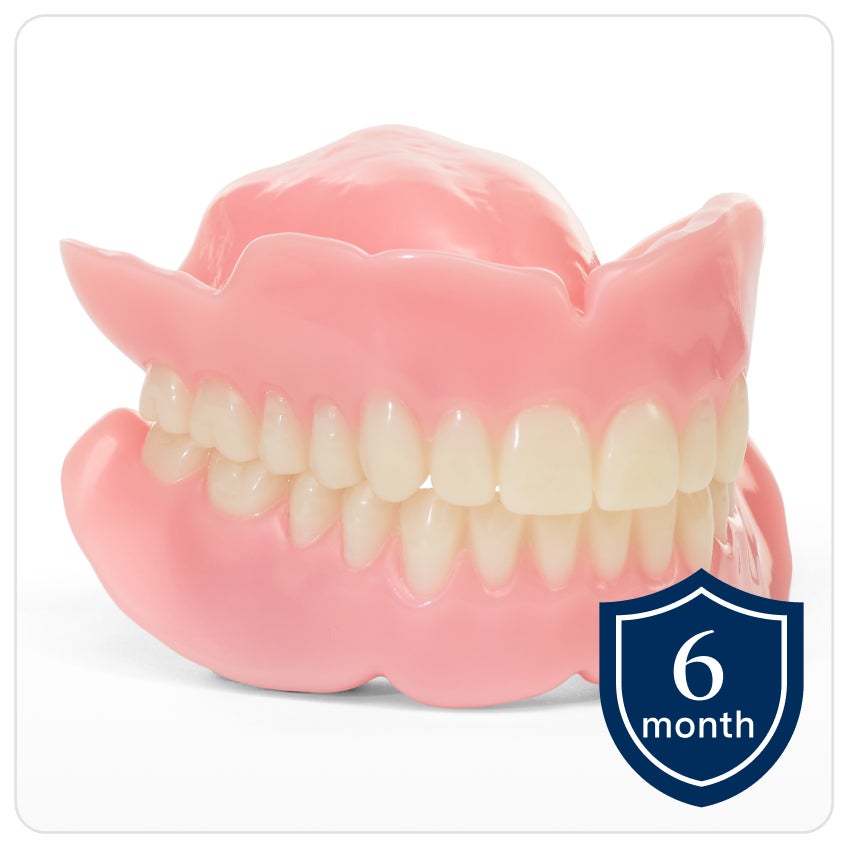 A model of Basic dentures, one of the most budget-friendly full dentures option, on a white background. A shield icon on the bottom right with text that reads "6 month" indicating the warranty.