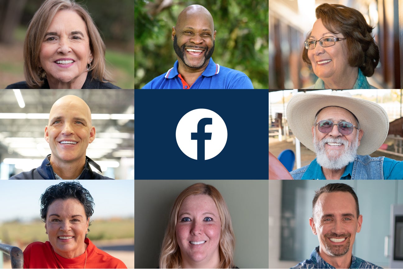 A group of ClearChoice patients are smiling in front of a Facebook logo.