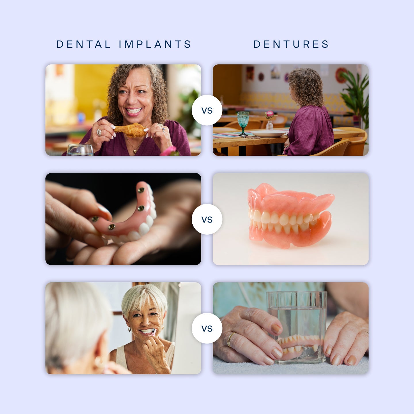 A comparison image showing three sets of side-by-side photos illustrating the differences between dental implants and dentures. On the left are images representing dental implants, and on the right are images of dentures, highlighting the benefits and differences of each.