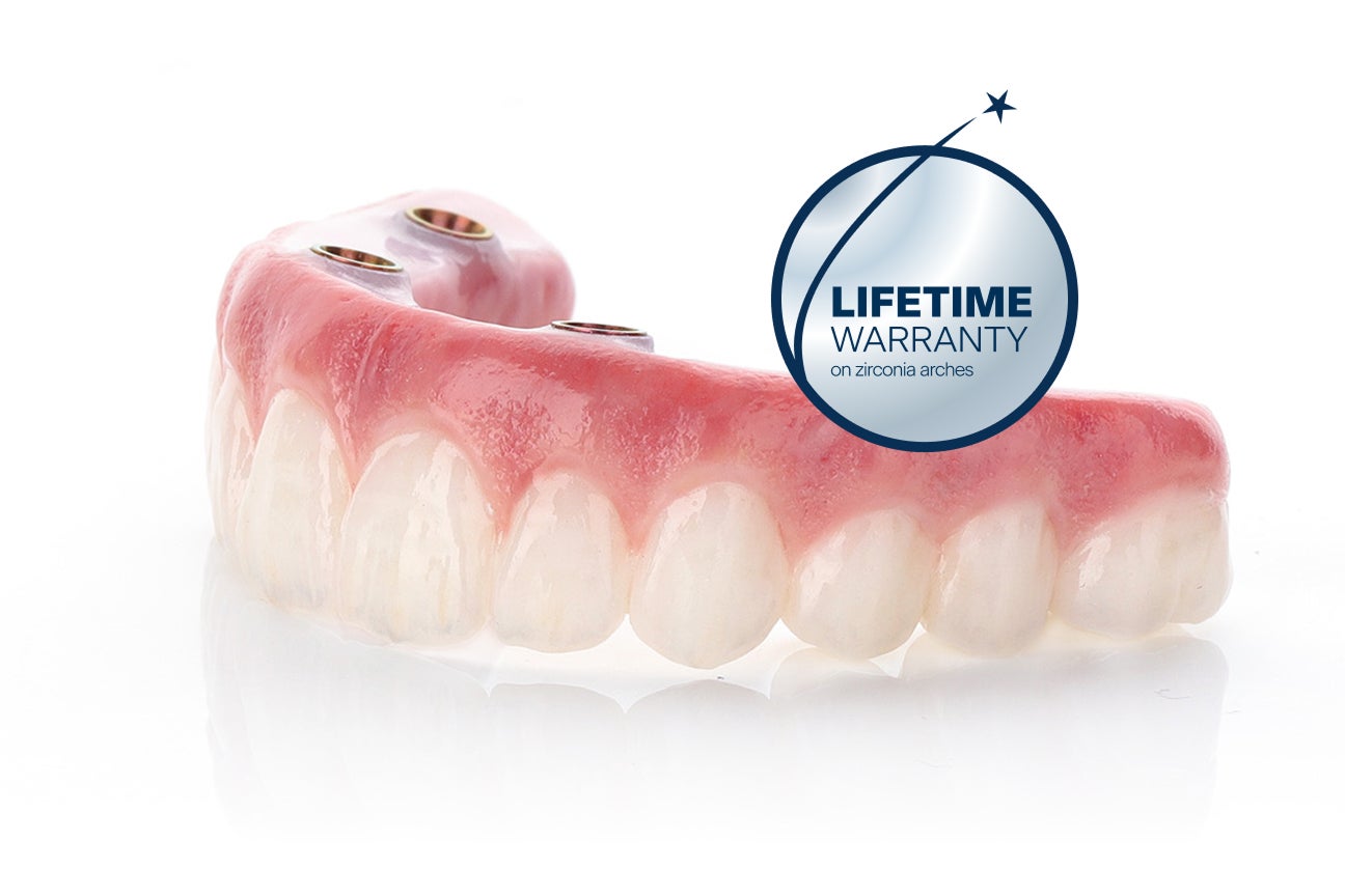 A ClearChoice implant with the words "lifetime warranty on zirconia arches."