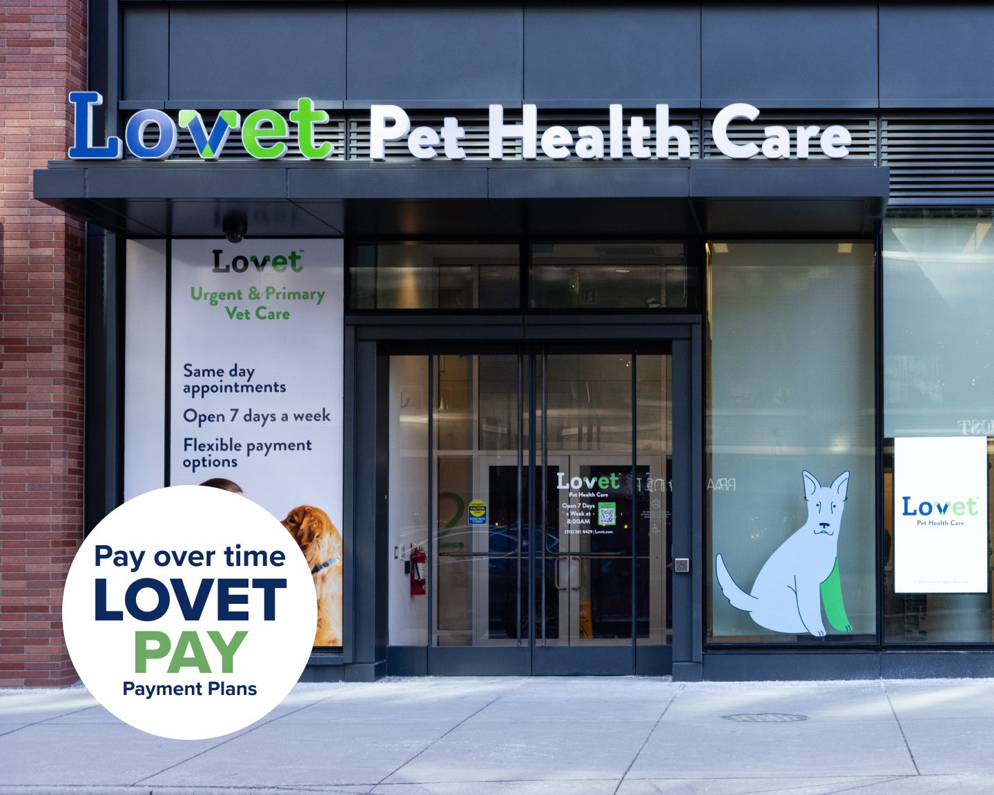 Front doors of Lovet Pet Health Care office in Fulton Market.