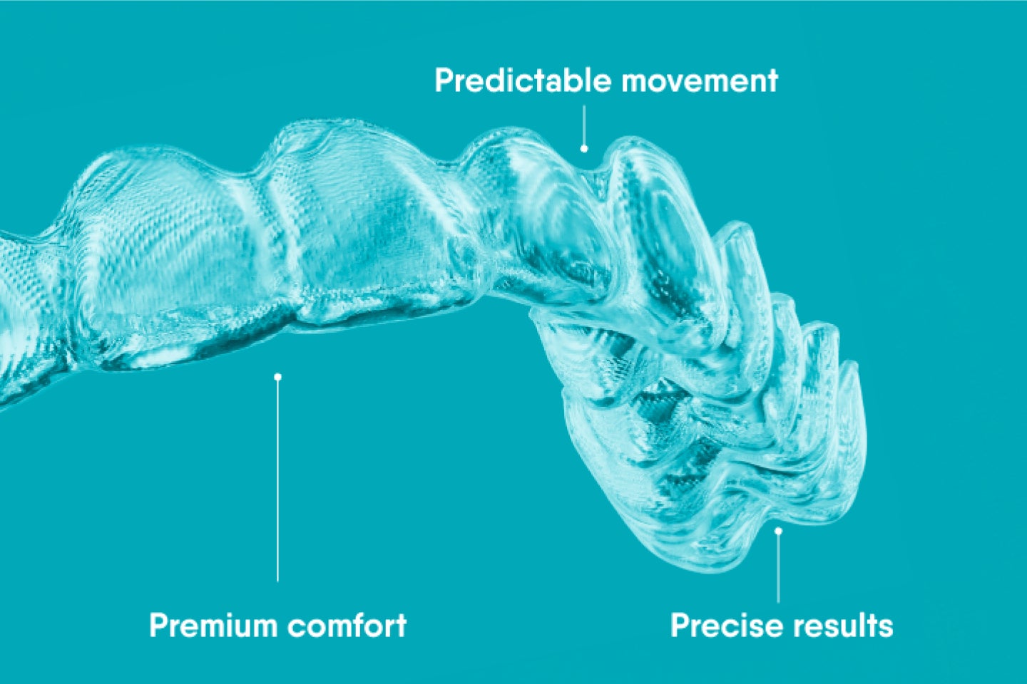  Close-up of Motto clear aligners highlighting their premium comfort, predictable movement, and precise results, displayed on a teal background for a clean and modern aesthetic.