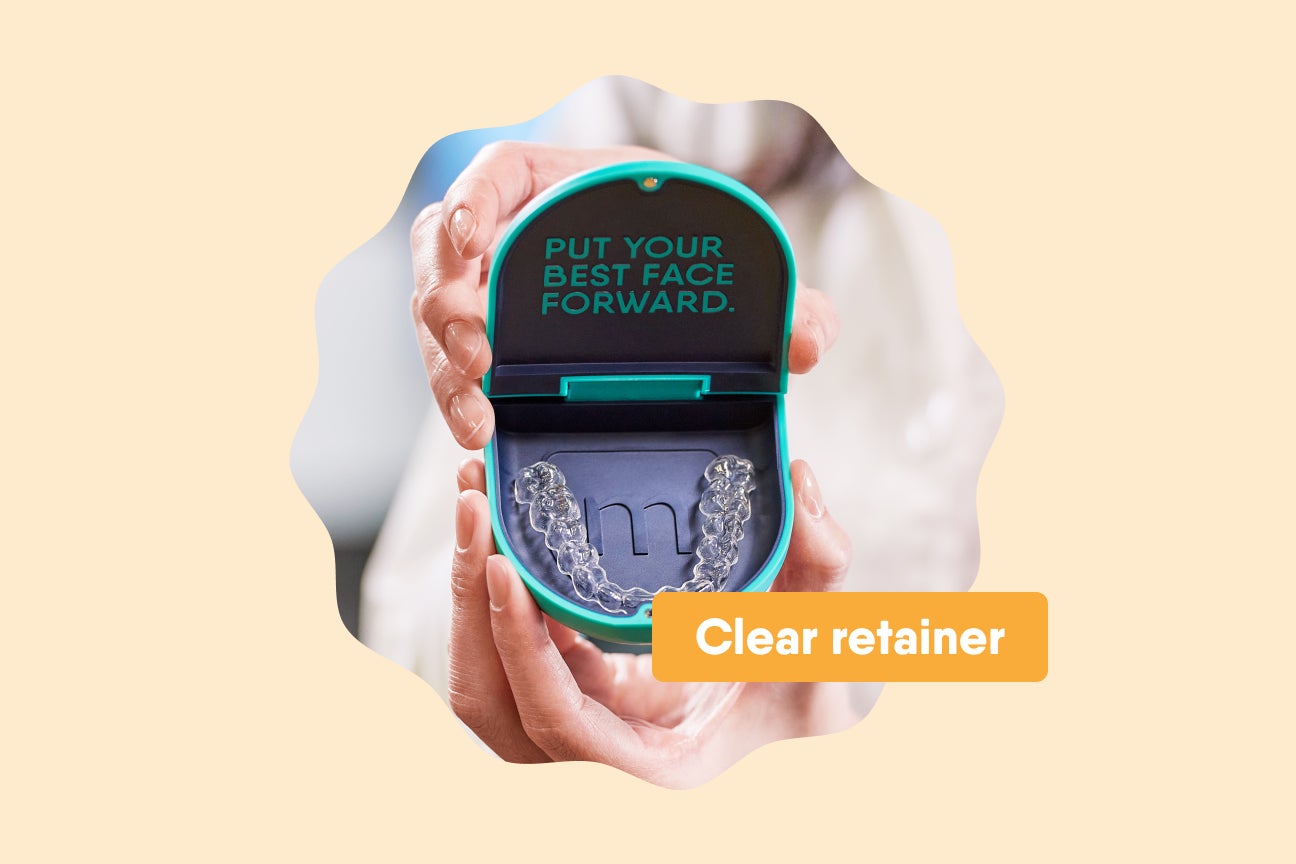 Hands holding Motto clear retainer case with text "Put Your Best Face Forward" inside open lid displaying clear retainers.
