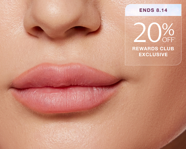 Close-up of full, smooth lips with text reading “20% Off – Rewards Club Exclusive, Ends 8.14.” Save on lip filler treatments with Chapter’s limited-time offer.