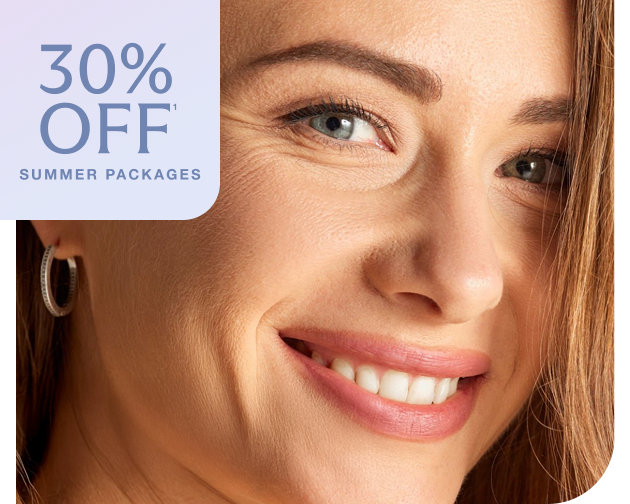 Close-up of a smiling woman promoting Chapter’s Xeomin summer packages. Text on image reads “30% off summer packages.”4o