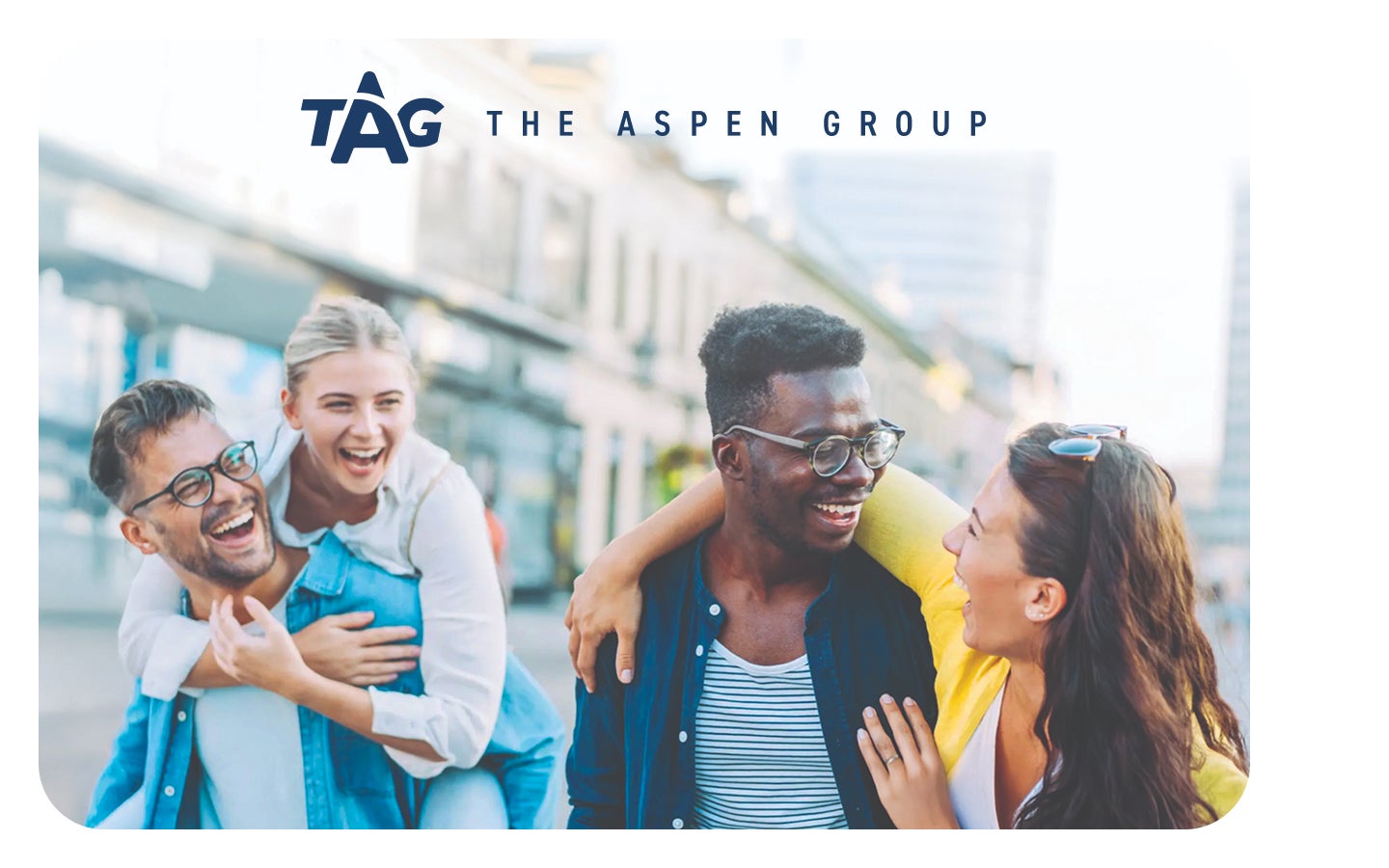 The Aspen Group patients cheerfully interacting together in a cityscape environment.