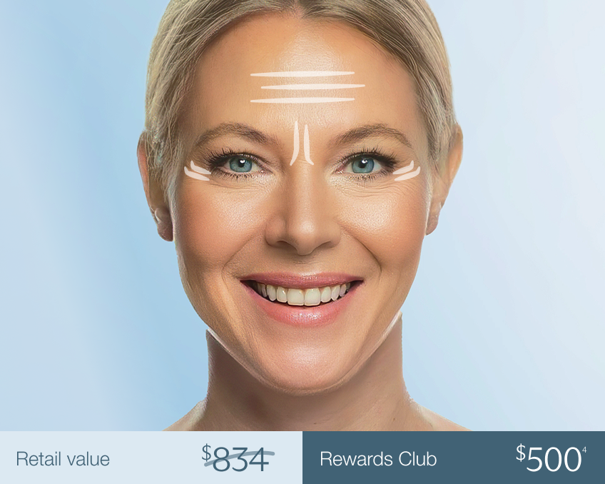 Smiling woman with markings on forehead, glabellar lines, and crow’s feet—highlighting Chapter’s flat-rate pricing tier for Botox and Xeomin upper face treatments.